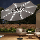 Solar LED Crank & Tilt Light Grey Parasol With Resin Floral Base 3m