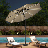 Solar LED Crank & Tilt Parasol Beige with Resin Floral Base 3M