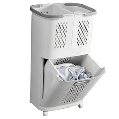3-Compartment White Rolling Laundry Basket