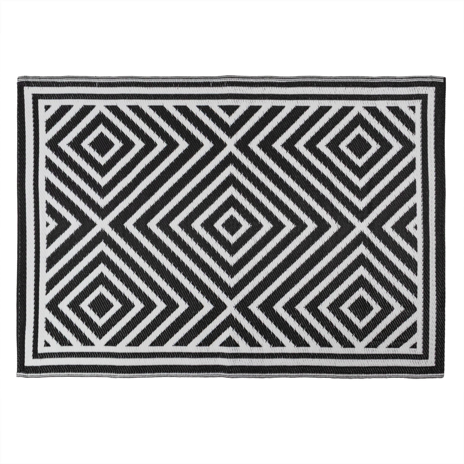 Lightweight Reversible Black White Tiles Pattern Outdoor Rug
