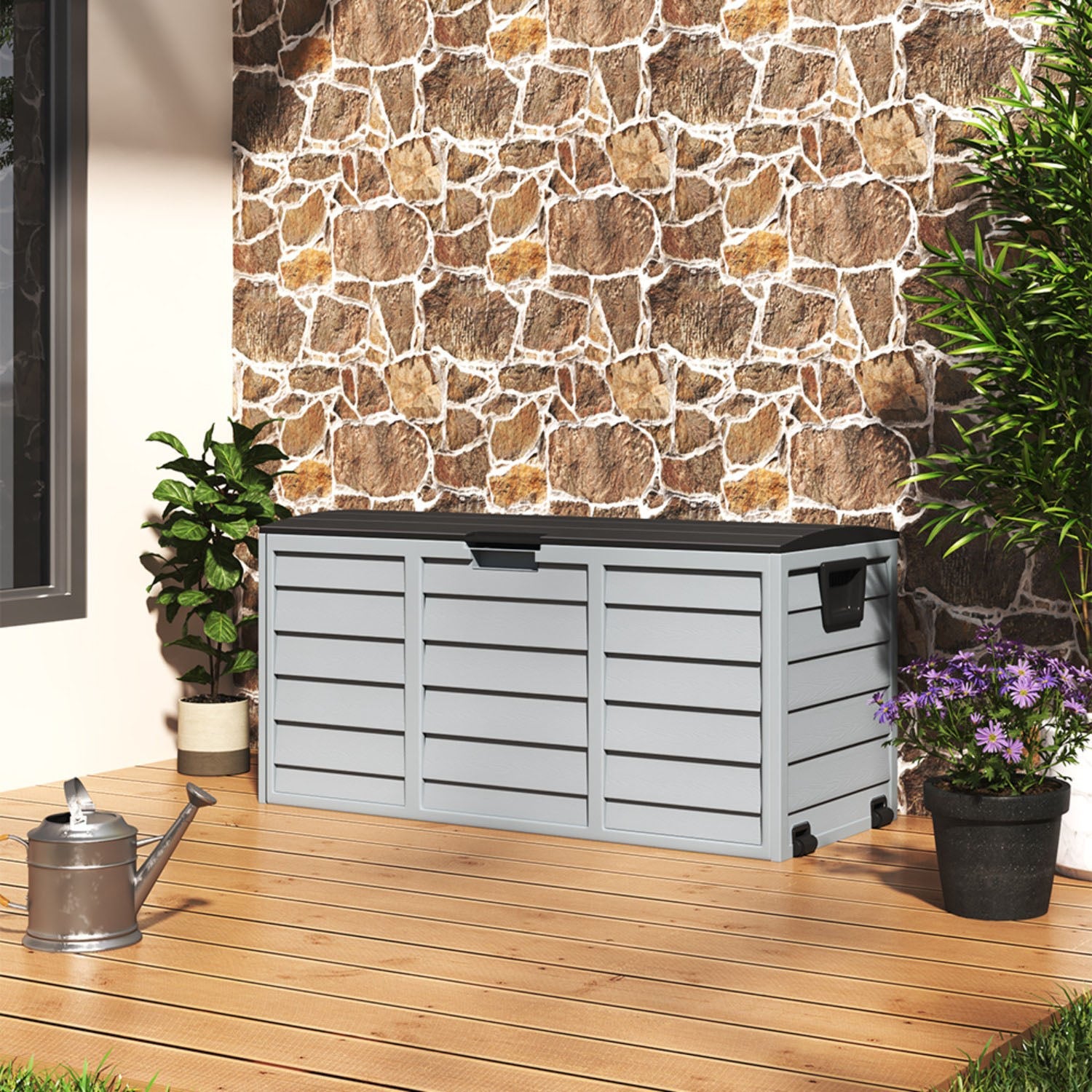Grey & Black Outdoor 290L Plastic Garden Storage Box With Wheels