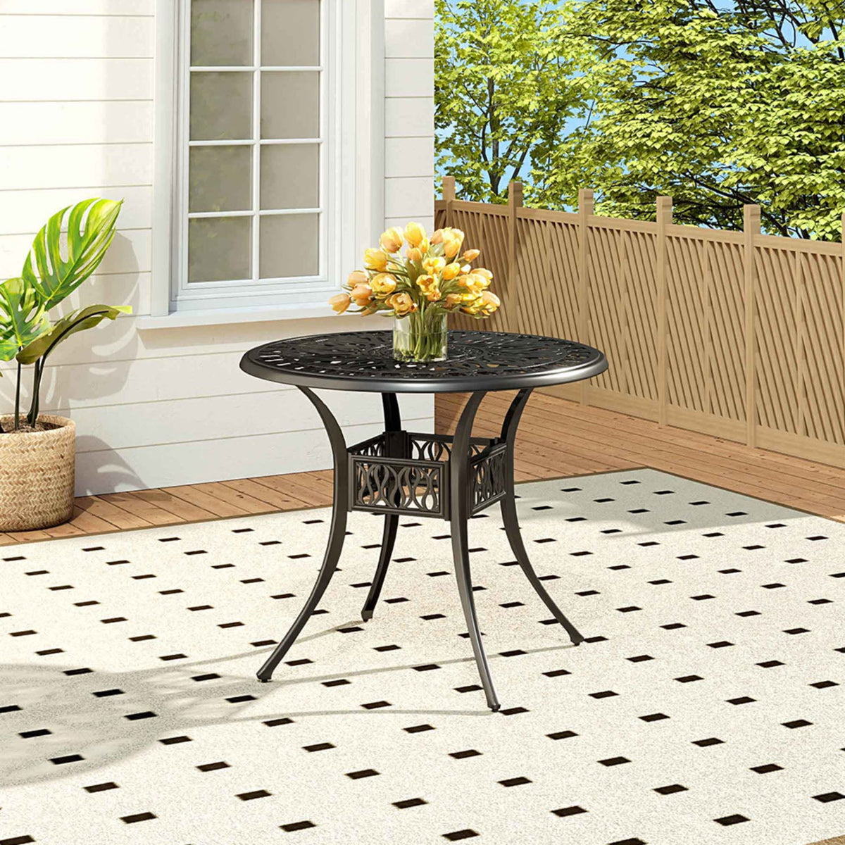 4 Seater Round Cast Aluminum Black Garden Table with Parasol Hole