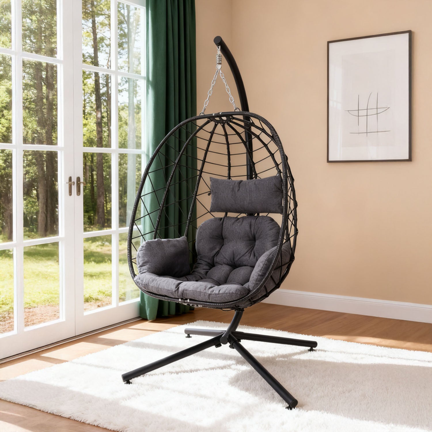 Adjustable Swing Hanging Egg Chair with Black Headrest And Cushion