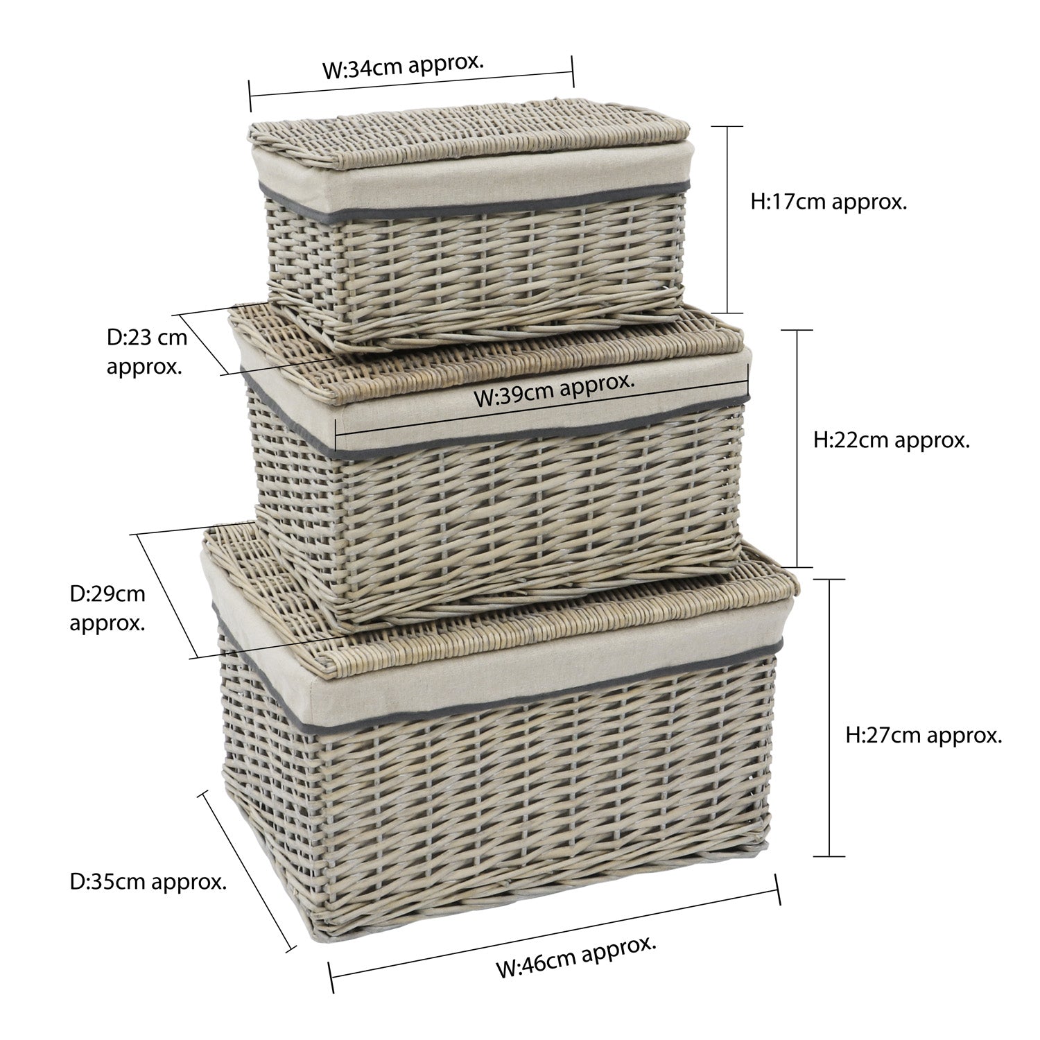 Arianna Antique Wash Set of 3 Rectangular Willow Storage Hampers