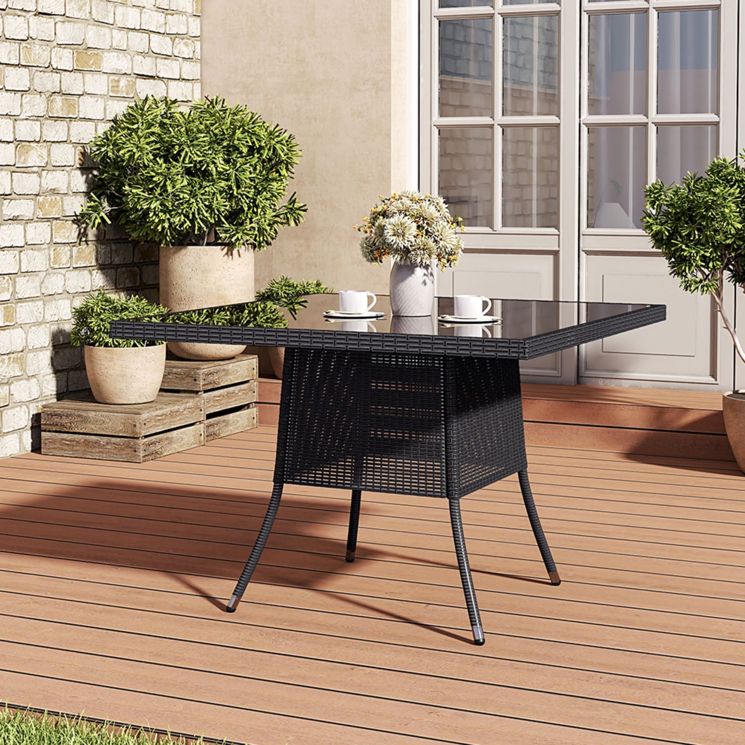 4 Seater Square Rattan Garden Table Black with Glass Top