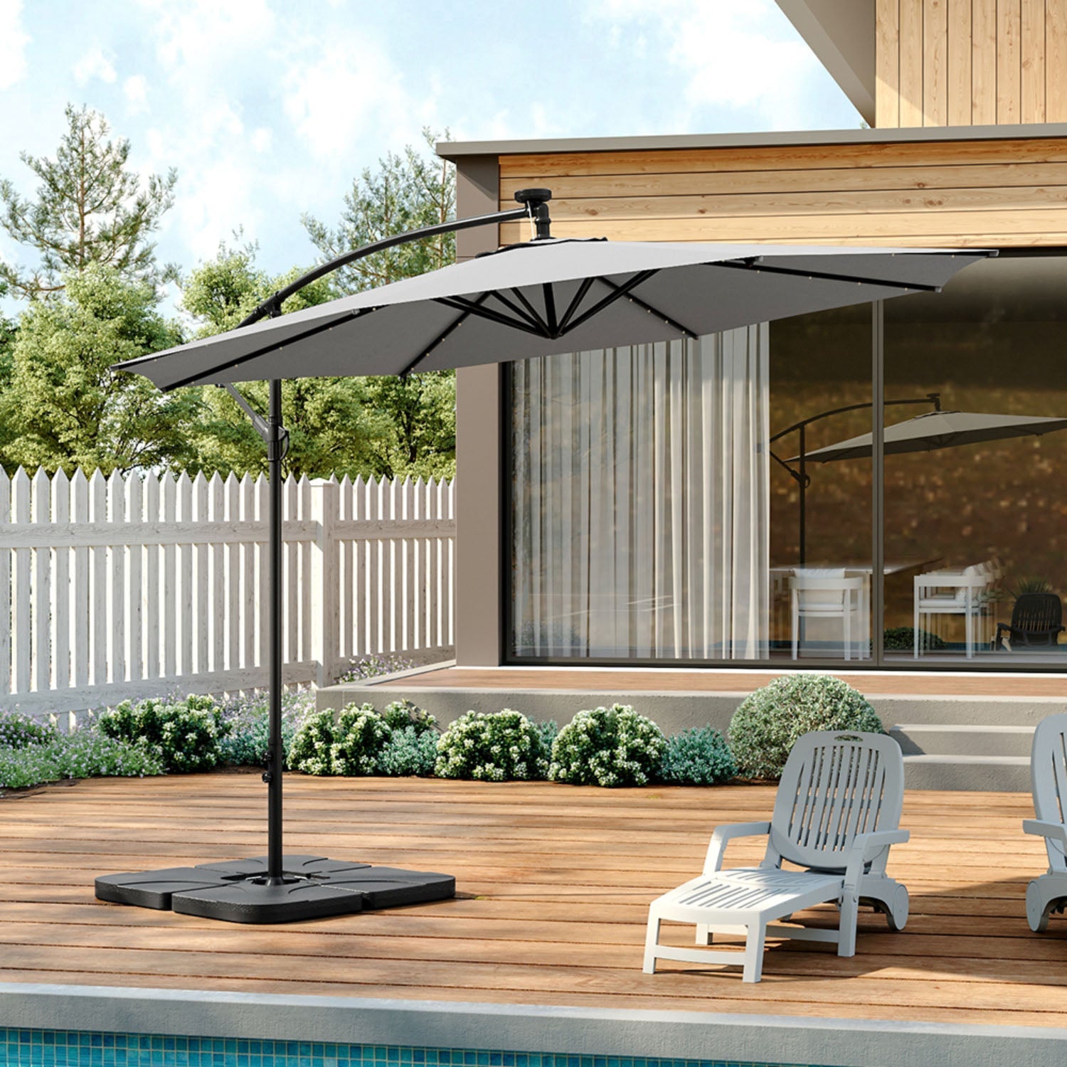 Cantilever Parasol LED Light Grey with Base 3m