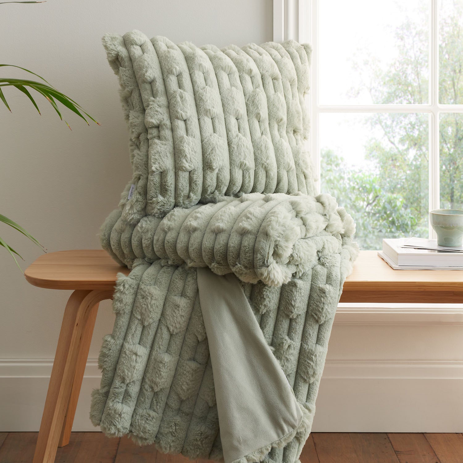 Bianca So Soft Sage Green Carved Faux Fur Cushion