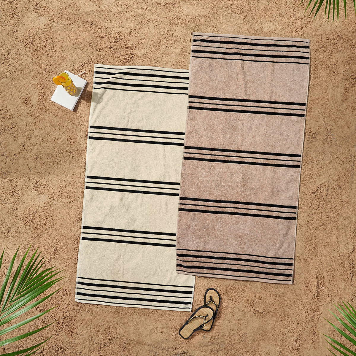 Catherine Lansfield Banded Stripe Cream/Natural Cotton Beach Towel Pair