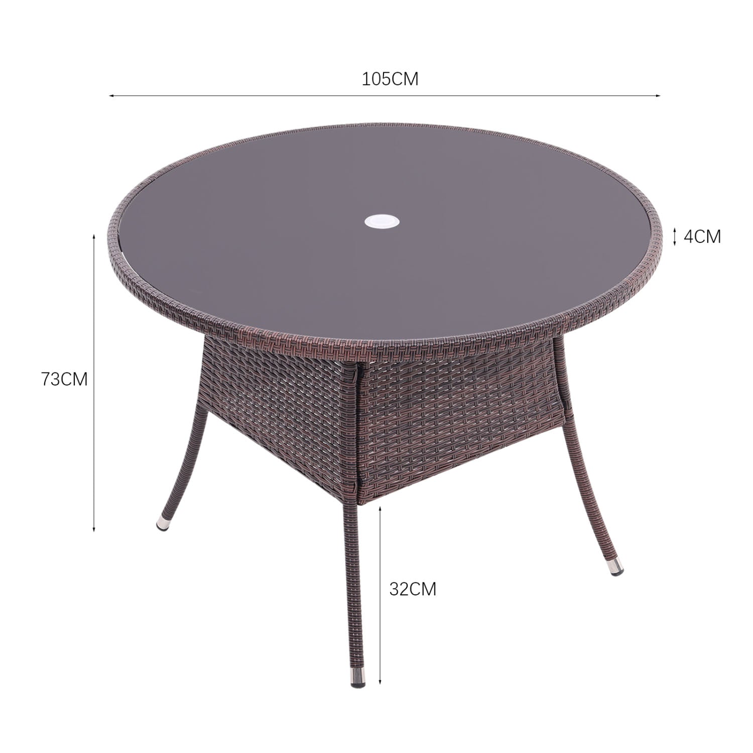 4 Seater Round Rattan Garden Table Brown with Tempered Glass Top
