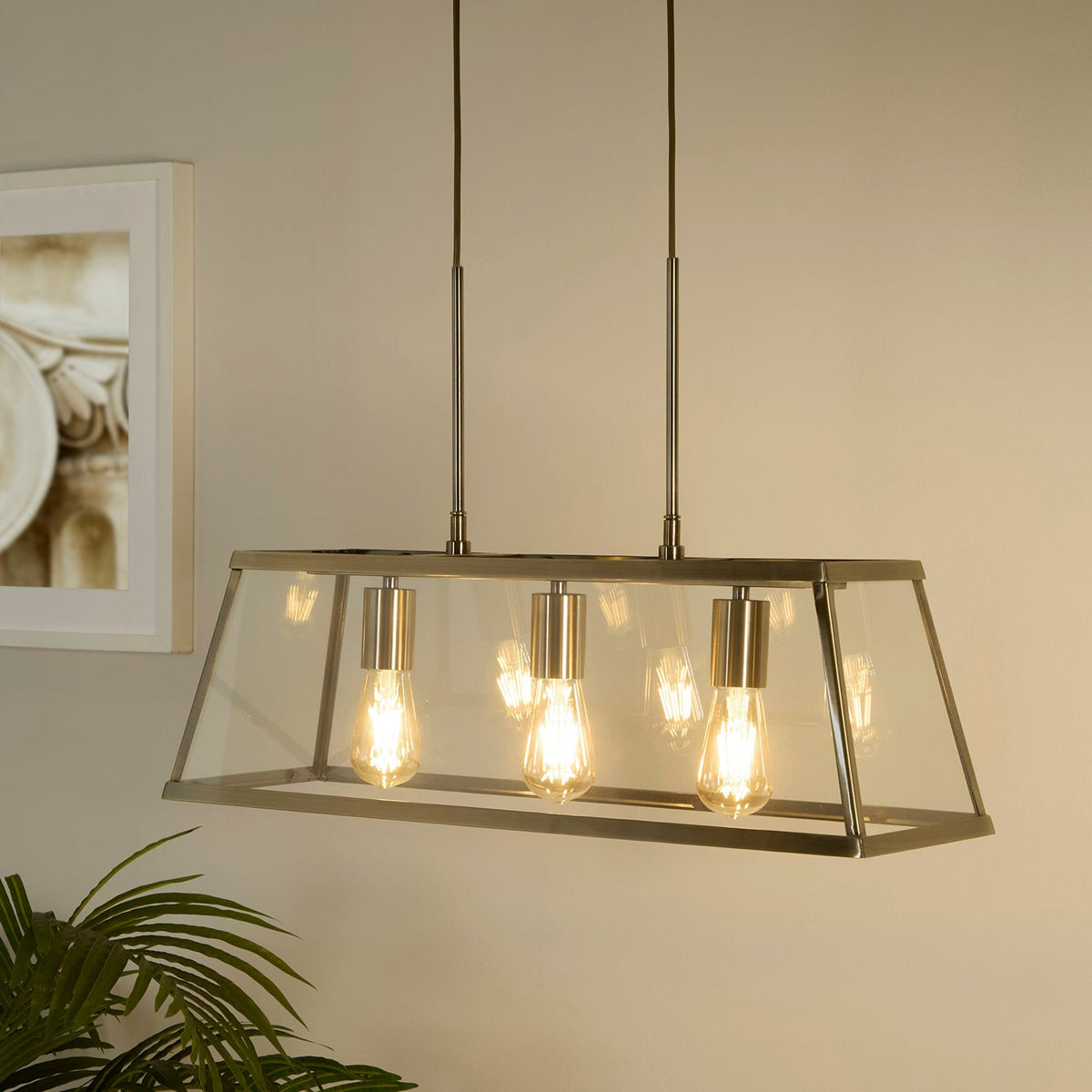 Harbour 3 Light Antique Brass Lantern Bar Pendant Ceiling Light