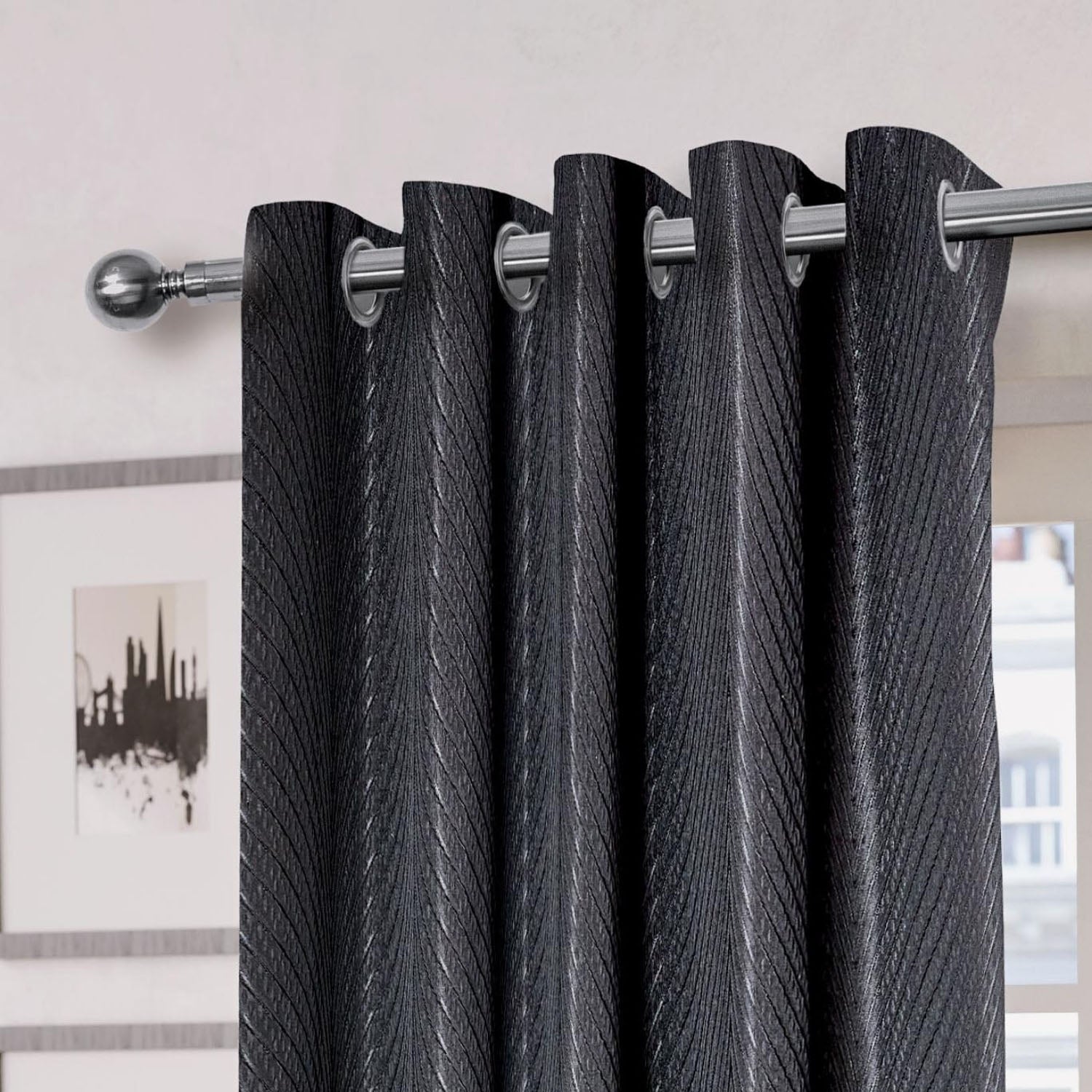Aura Black Jacquard Eyelet Curtains