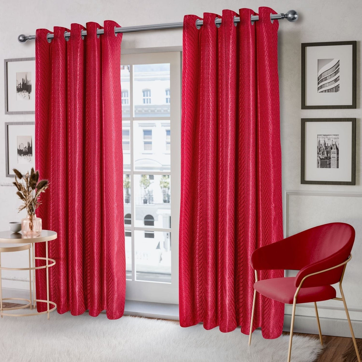 Aura Cranberry Red Jacquard Eyelet Curtains