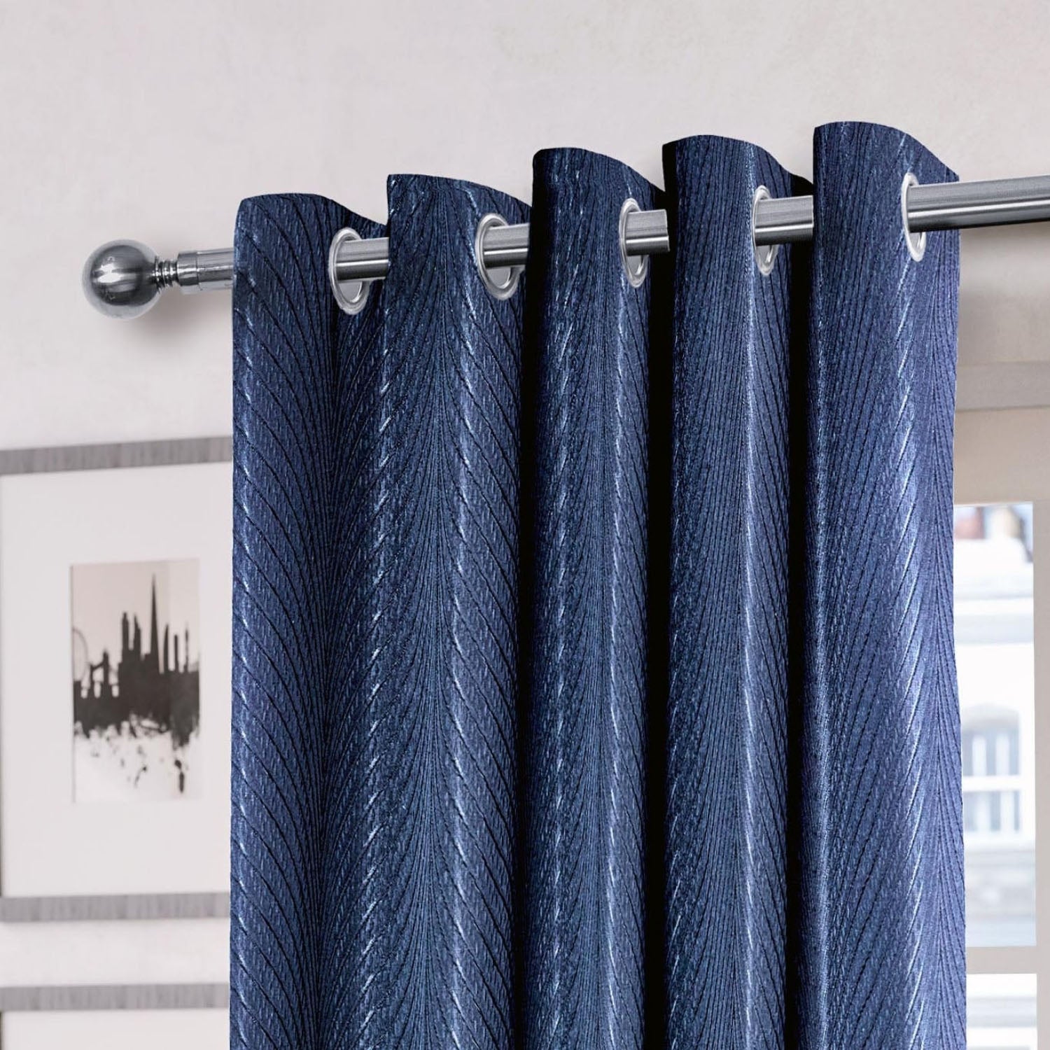 Aura Navy Jacquard Eyelet Curtains