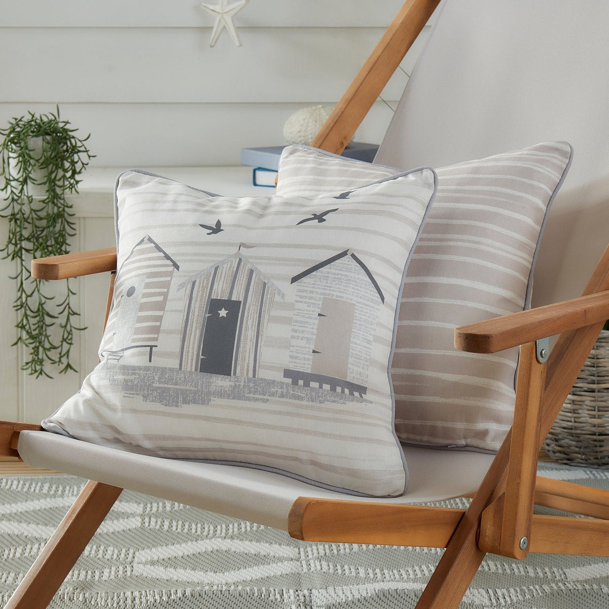 Beach Huts Natural Outdoor Cushion (43cm x 43cm)