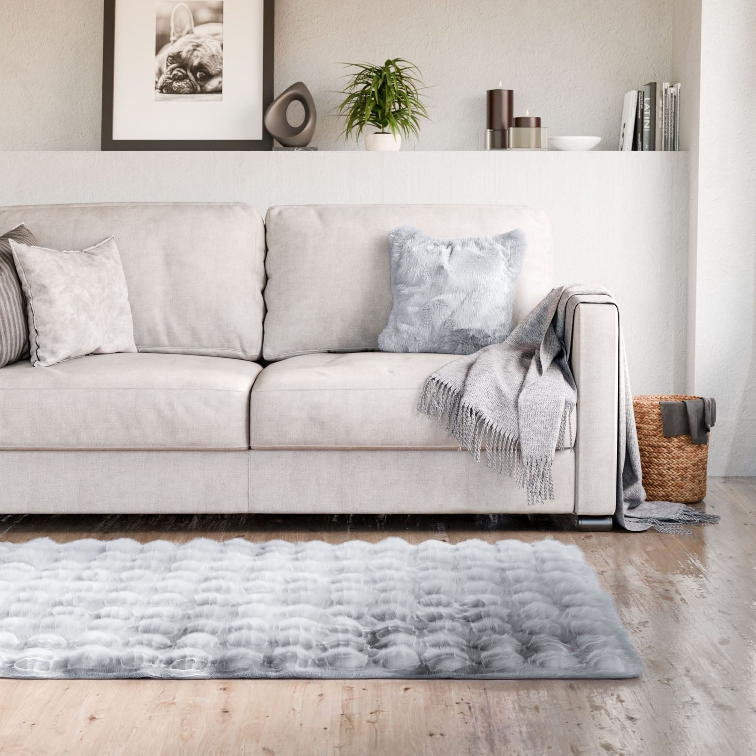 Deluxe Silver Grey Faux Rabbit Fur Room Rug