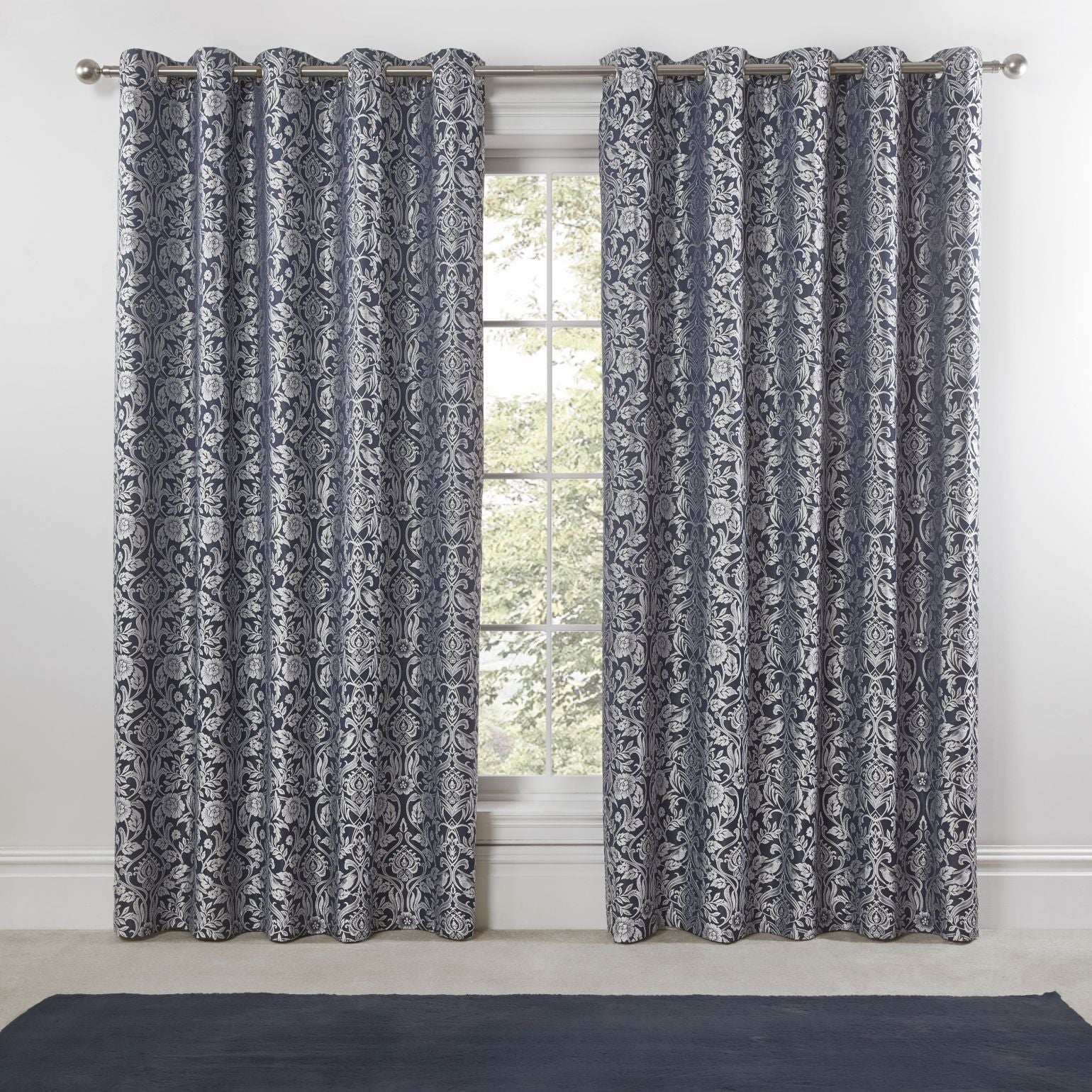 Eden Navy Lined Eyelet Jacquard Curtains