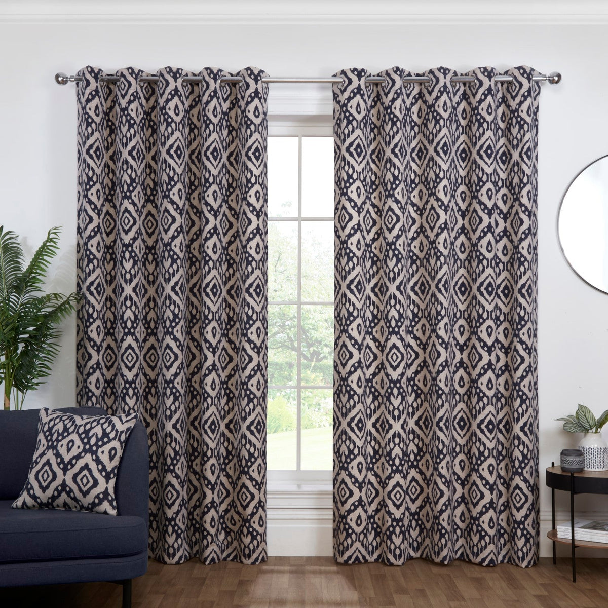 Marrakech Navy Blue Geometric Eyelet Curtains