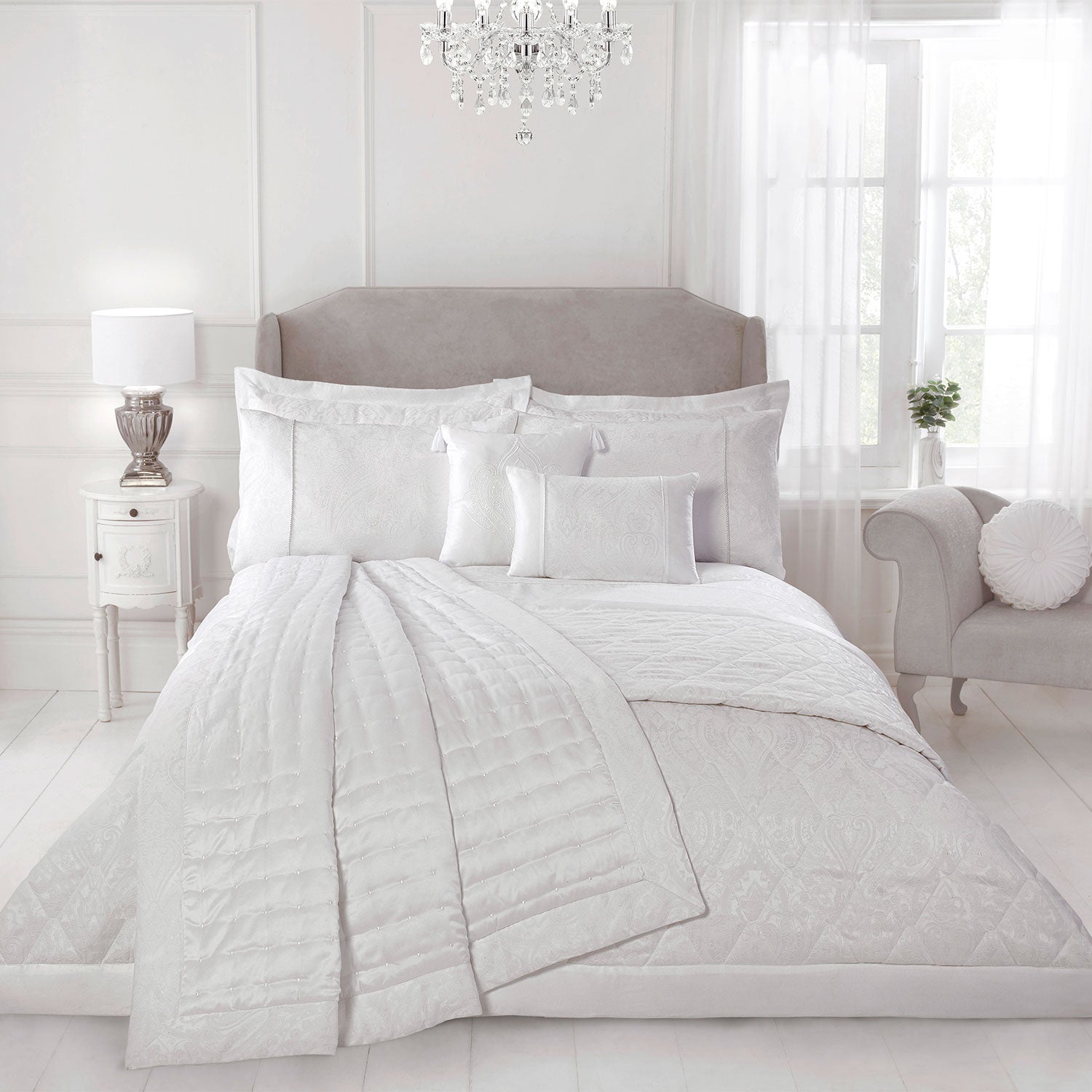 Regency White Embroidered Matt Satin Cushion (40cm x 40cm)