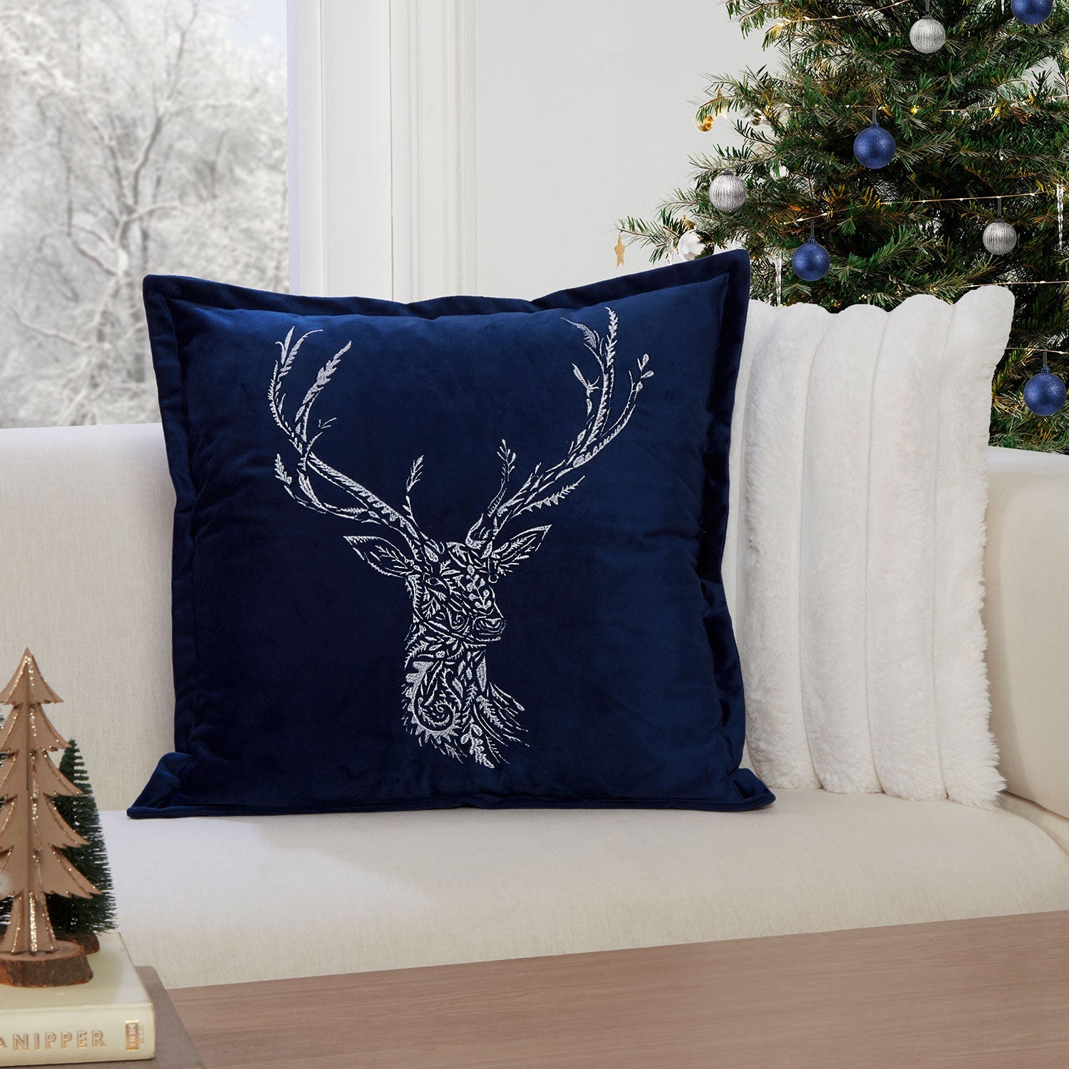 Nordic Stag Navy Embroidered Cushion (43cm x 43cm)