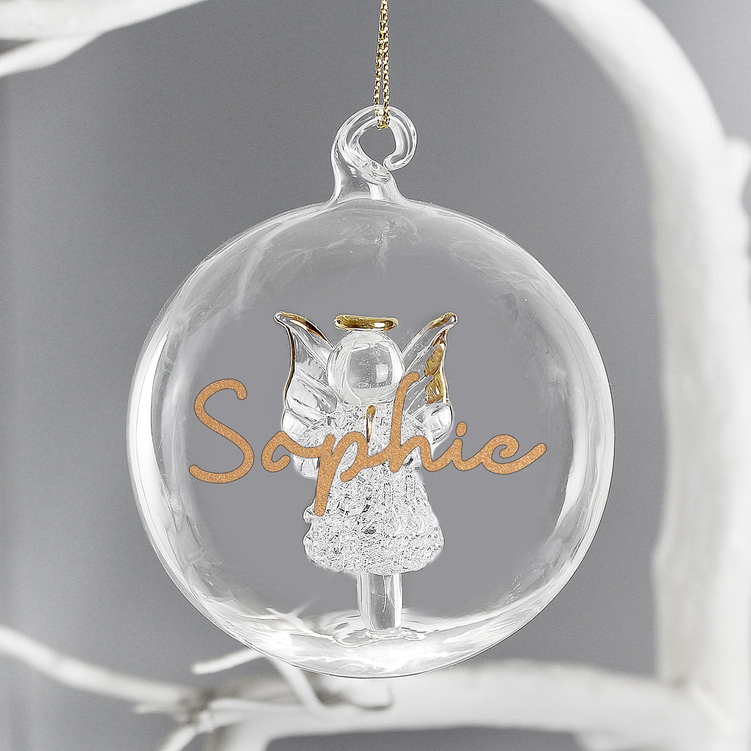 Personalised Gold Glitter Name Angel Glass Bauble