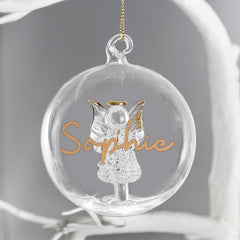 Personalised Gold Glitter Name Angel Glass Bauble