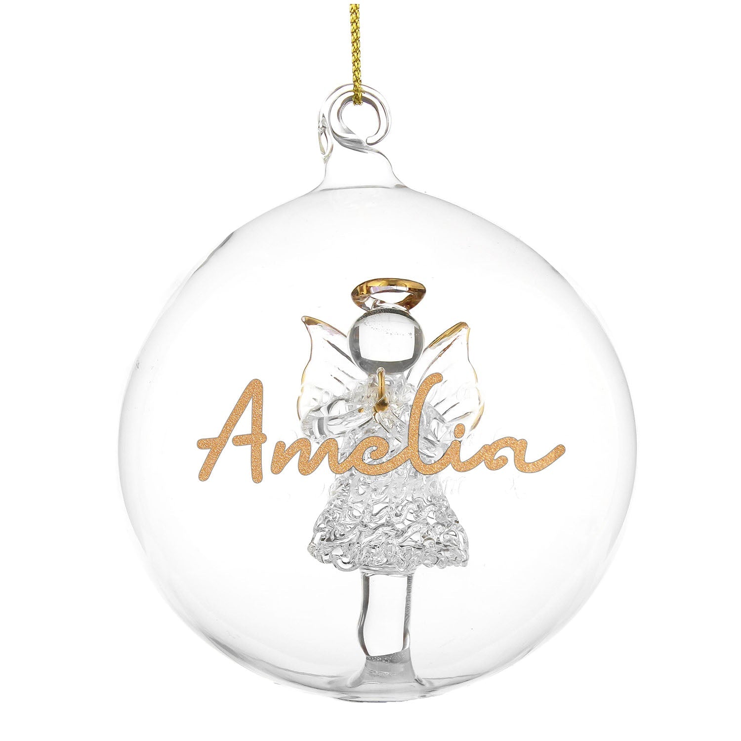 Personalised Gold Glitter Name Angel Glass Bauble