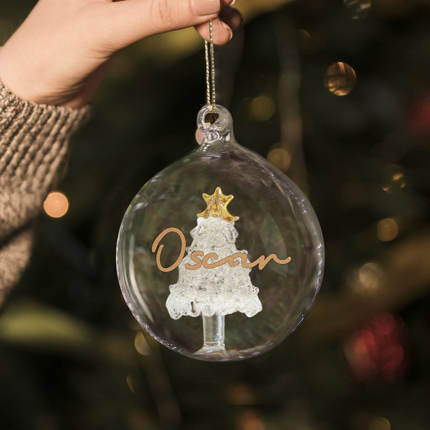 Personalised Gold Glitter Name Tree Glass Bauble