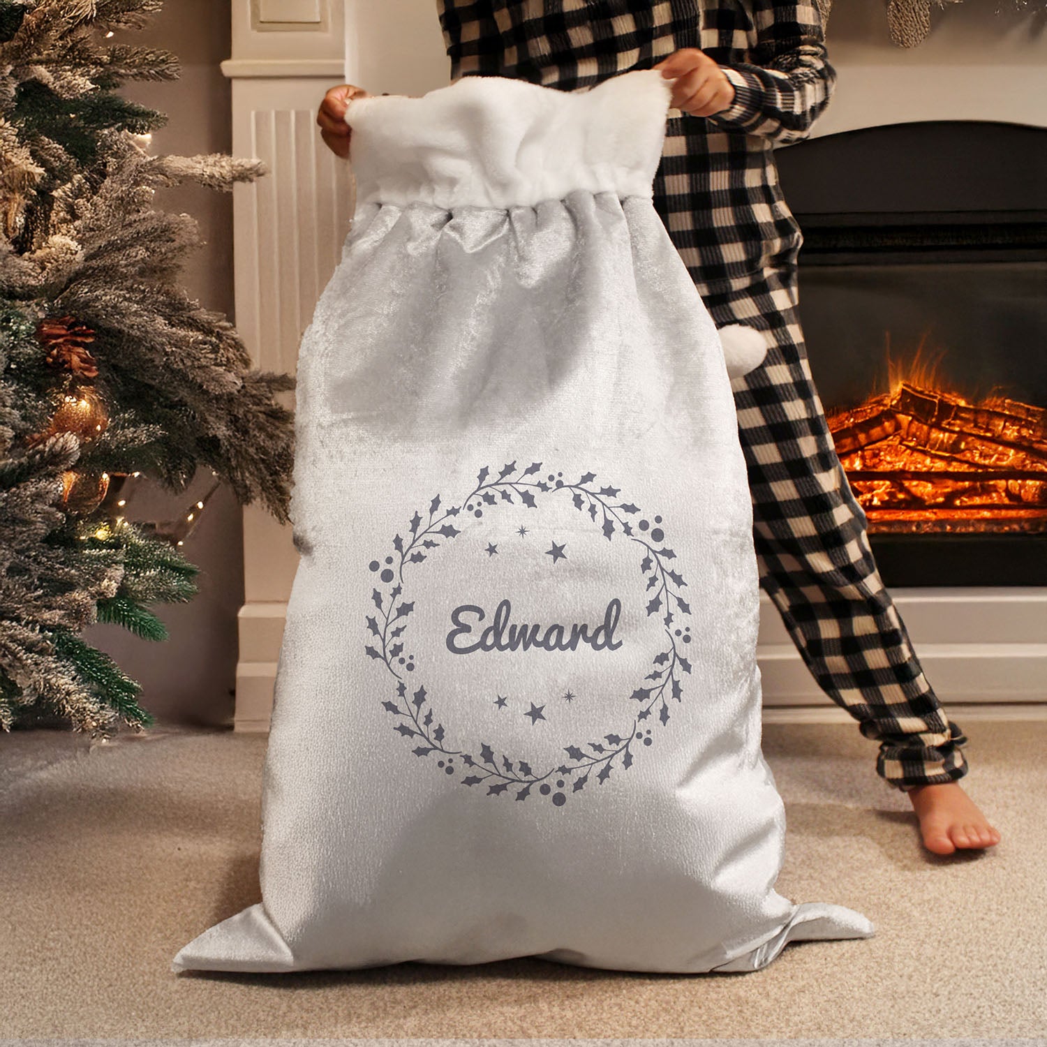 Personalised Holly Silver Grey Pom Pom Santa Sack