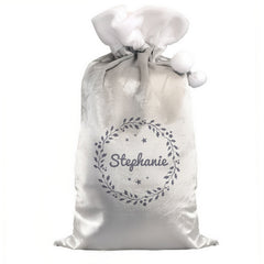 Personalised Holly Silver Grey Pom Pom Santa Sack