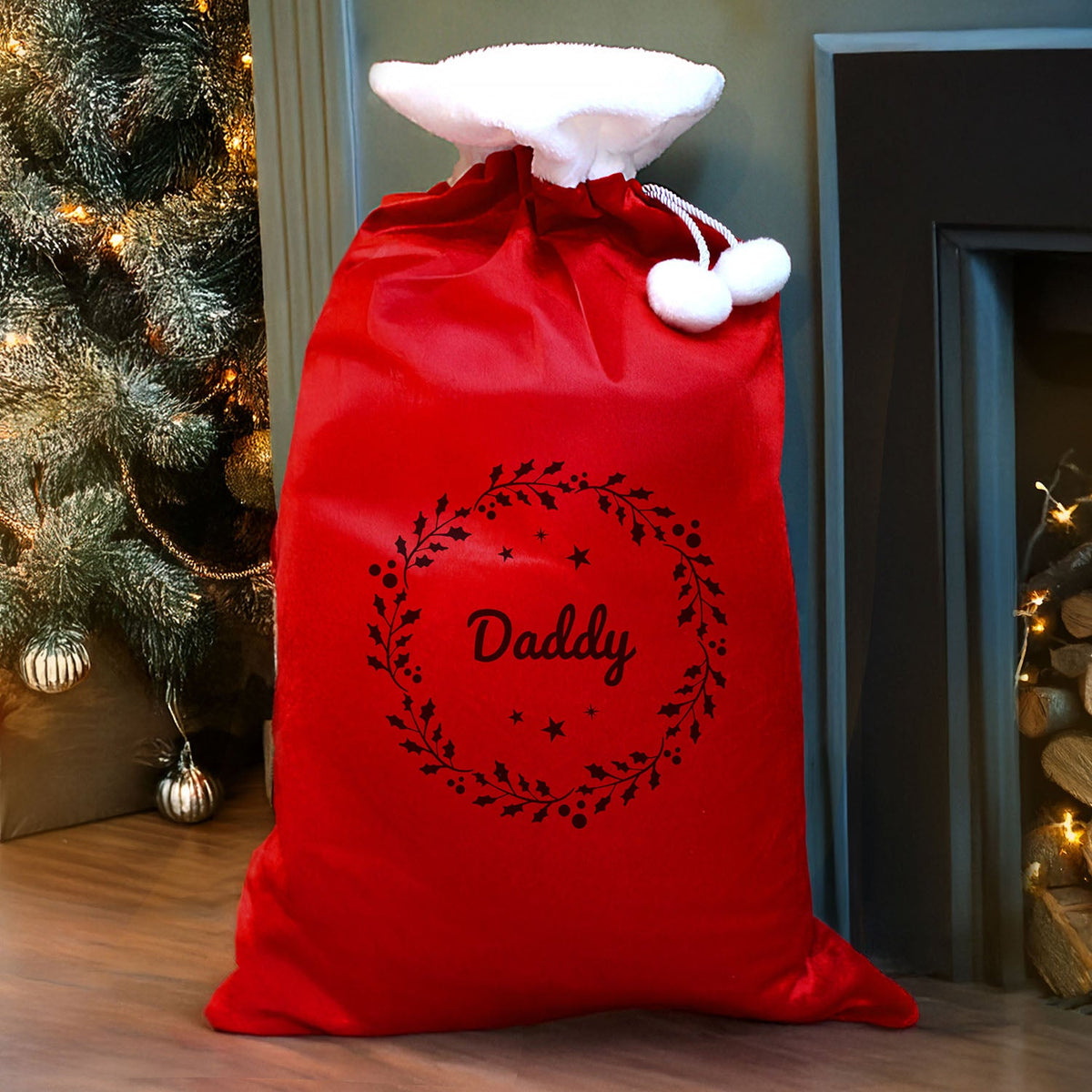 Personalised Holly Red Pom Pom Santa Sack