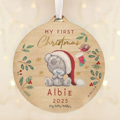Personalised Tiny Tatty Teddy First Christmas Round Wooden Decoration
