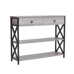 Rustic Grey Console Table with 2 Drawers & Shelves