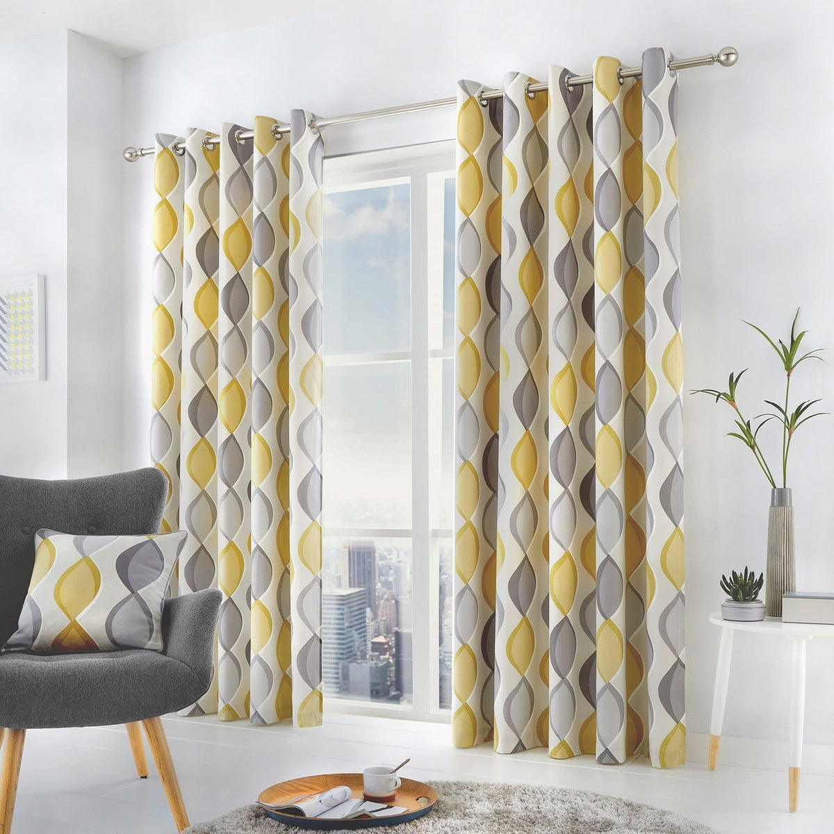 Lennox Grey Ochre Eyelet Curtains